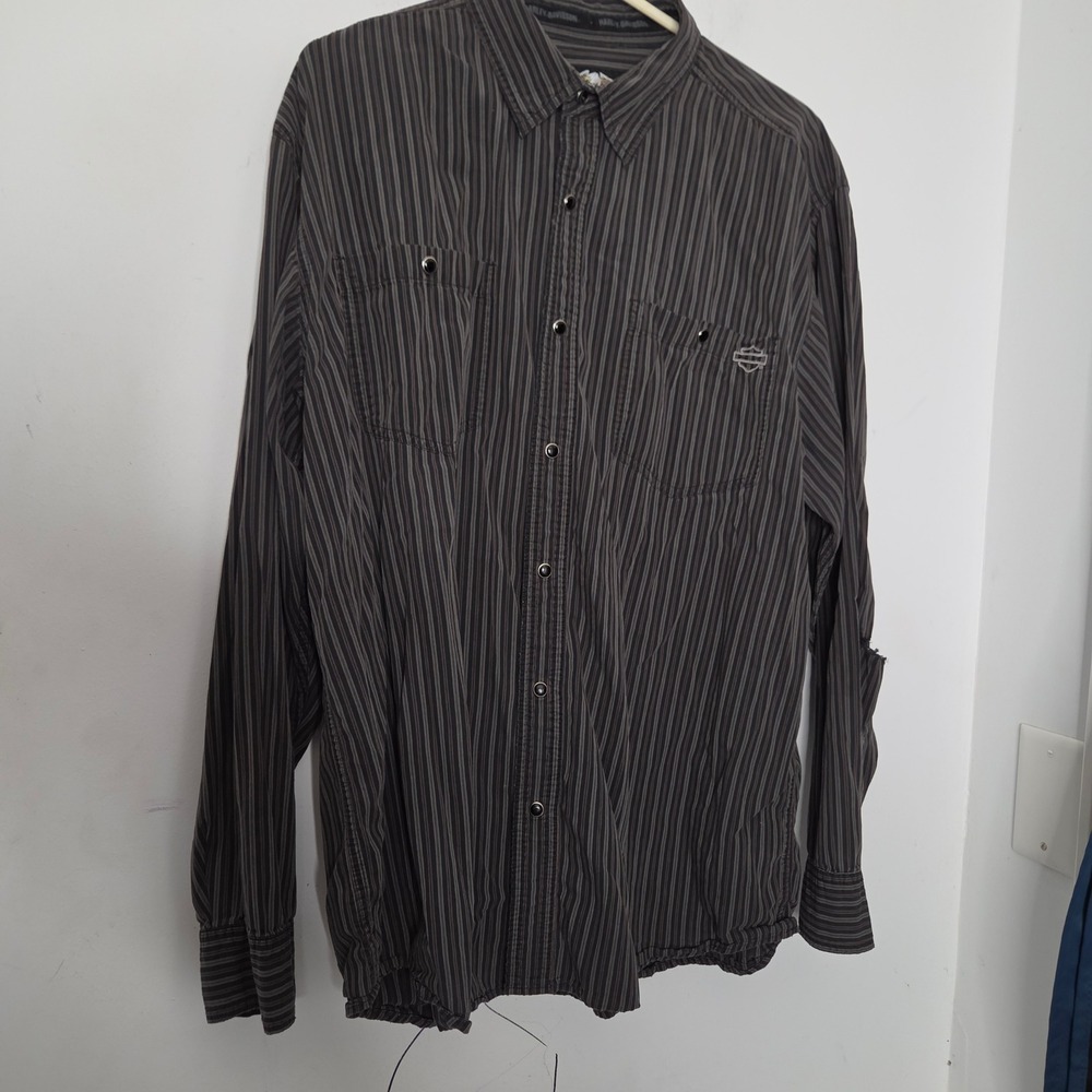 Harley Davidson Mens XL Tall Striped Snap Button Long Sleeve Shirt Black Biker
